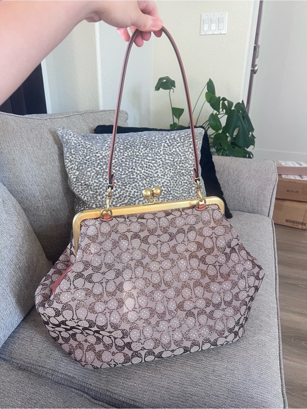 Coach Crystal Signature Jacquard Large Kisslock Frame Bag